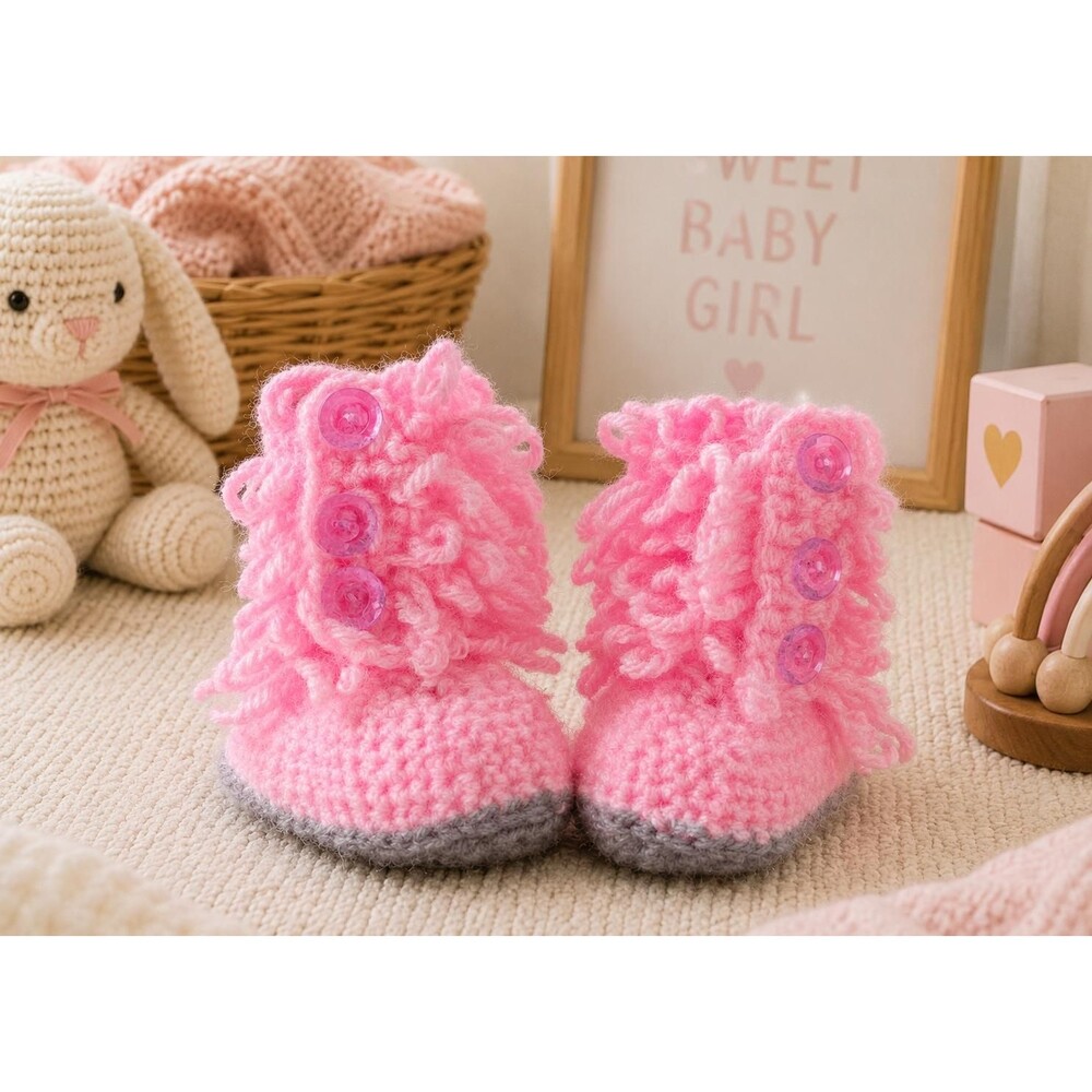 Handmade Pink Crochet Baby Boots, Felt Lined, Button Detail, 0-3 Months